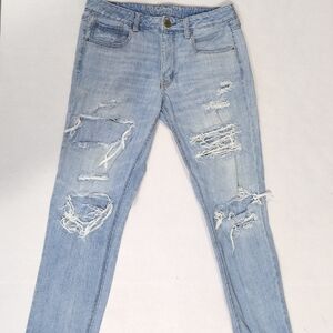 AE 6 Extra Long Tomgirl Baggy Distressed Light Wash Jeans 6xl Grung Punk Y2K
